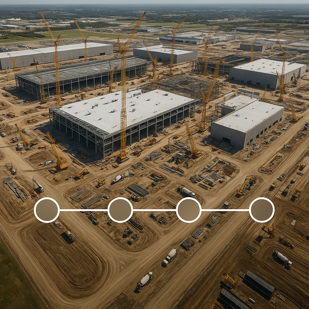 An aerial view of a massive semiconductor manufacturing campus under construction, with cranes, concrete mixers, and hea...