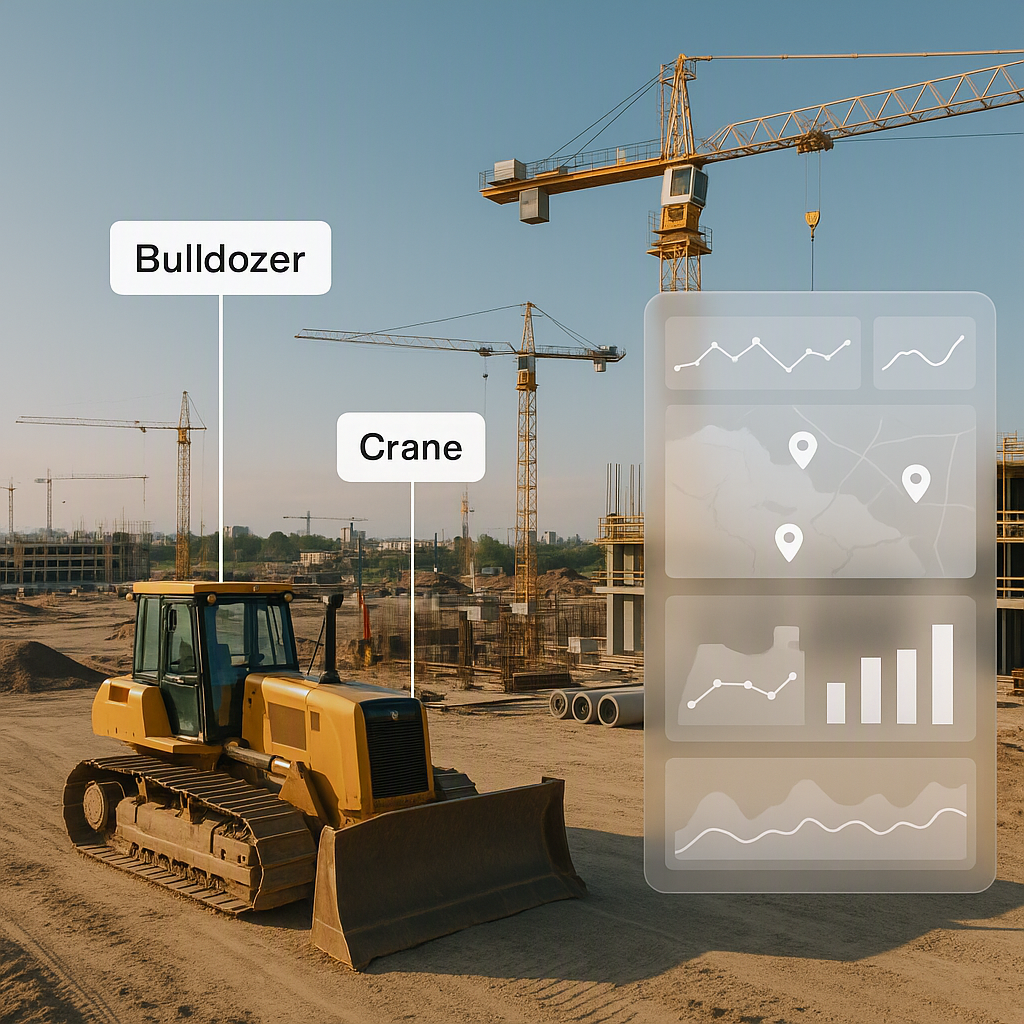 A construction site with tagged equipment (e.g., bulldozer, crane) shown on a digital dashboard overlay, emphasizing rea...
