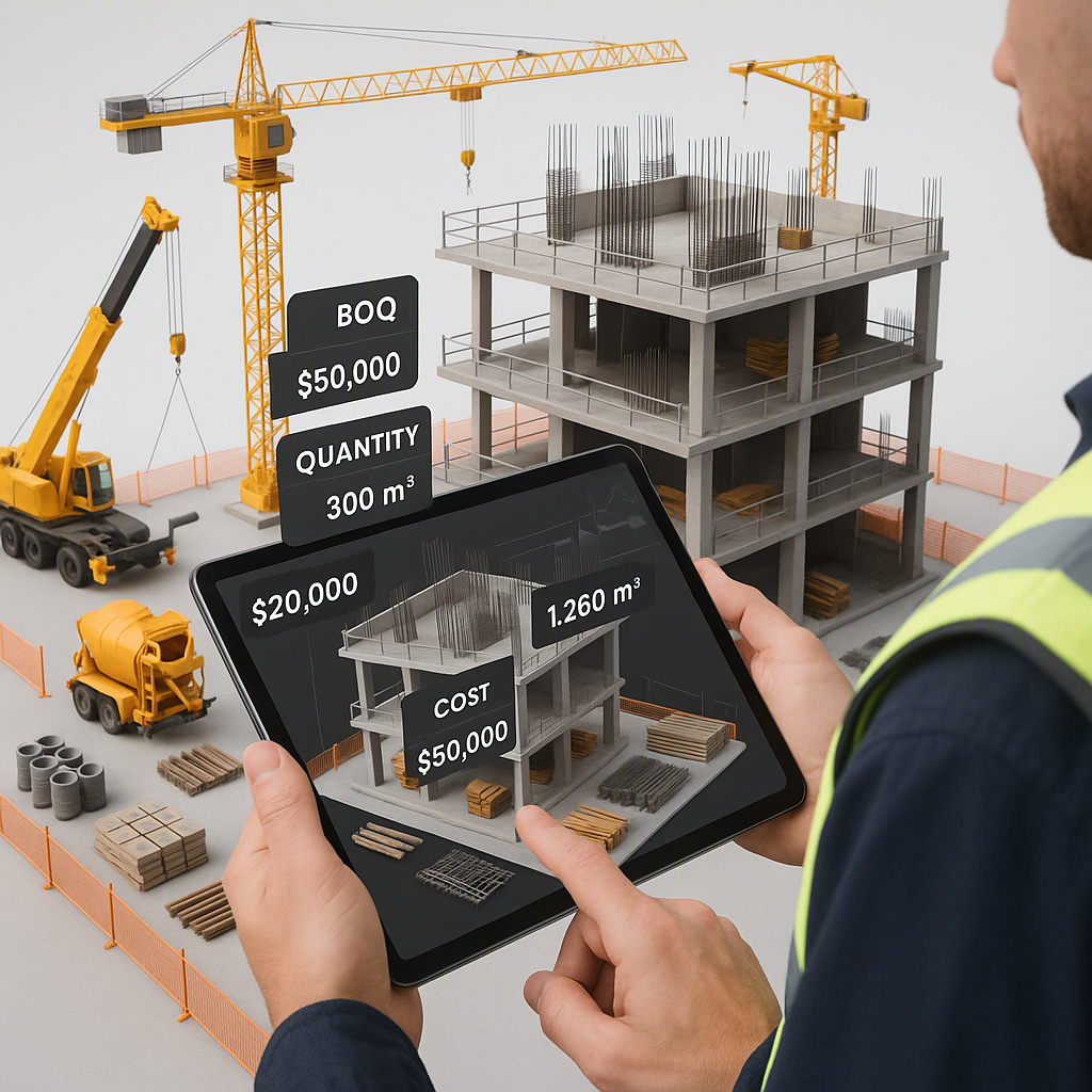 A detailed 3D model of a construction site with clear BOQ data overlays (e.g., cost, quantity) displayed on a digital ta...