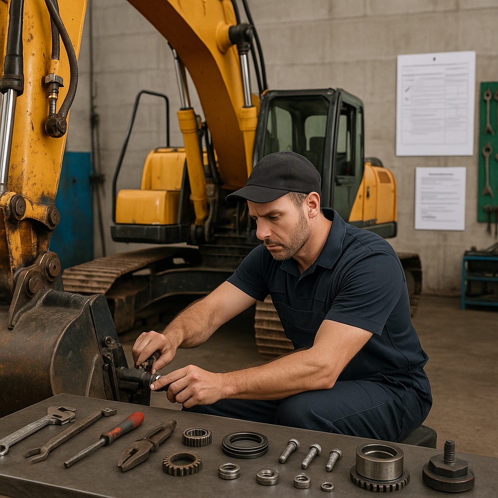 A contractor repairing a heavy-duty excavator in a workshop, surrounded by tools and parts, with a visible checklist and...