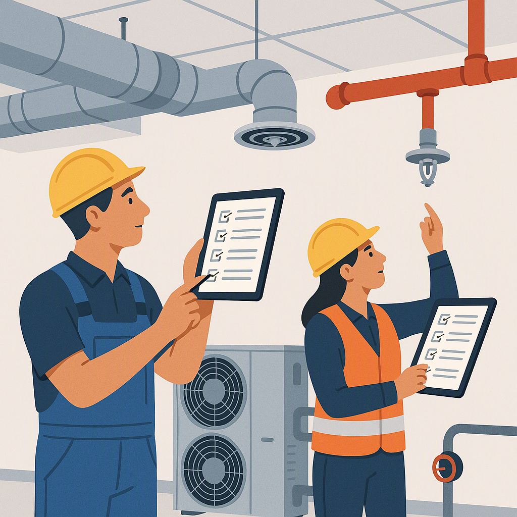 A detailed illustration of contractors inspecting HVAC systems and fire sprinklers in a commercial building, with techni...