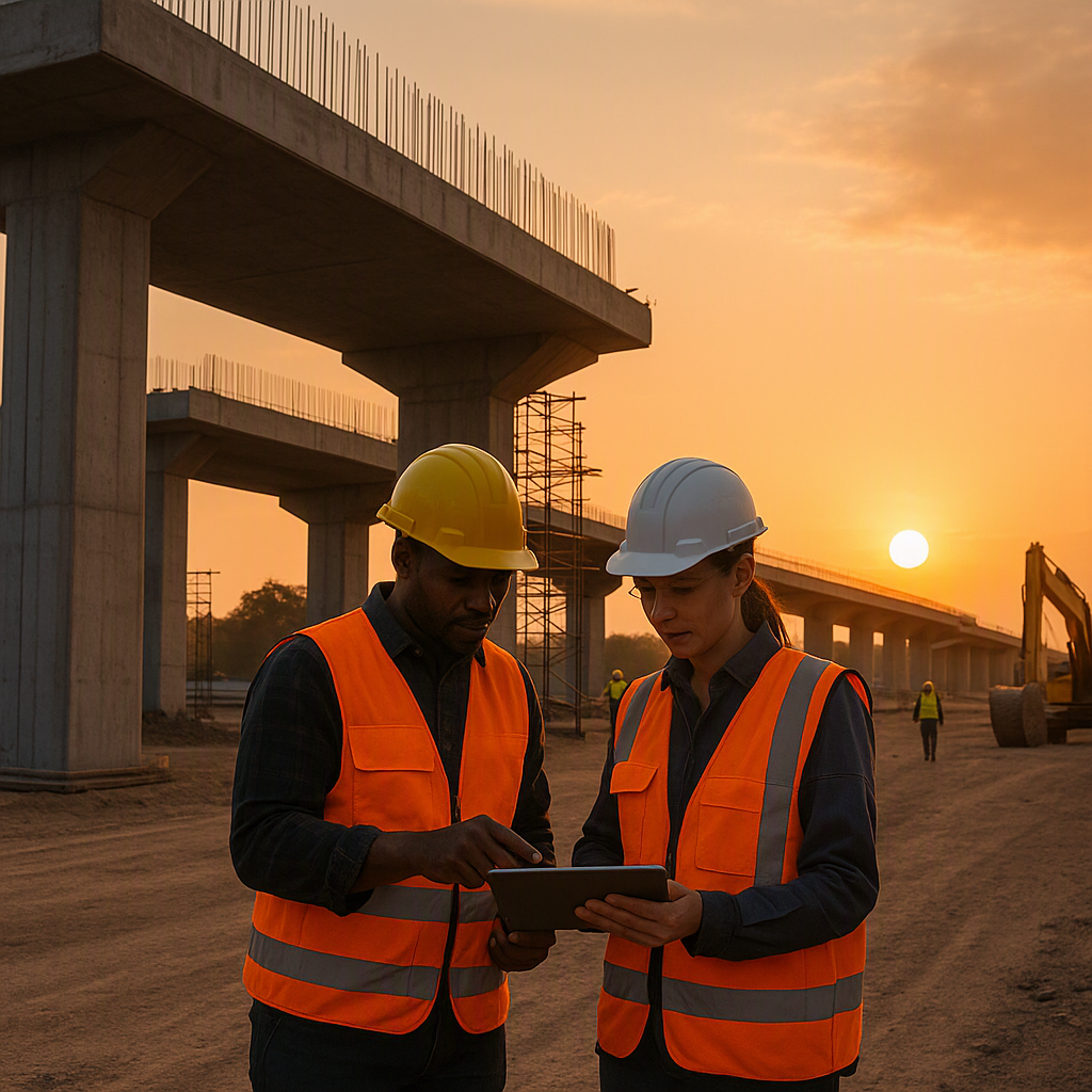 A construction site with half-built infrastructure, workers checking documents on a tablet, and a looming sunset symboli...