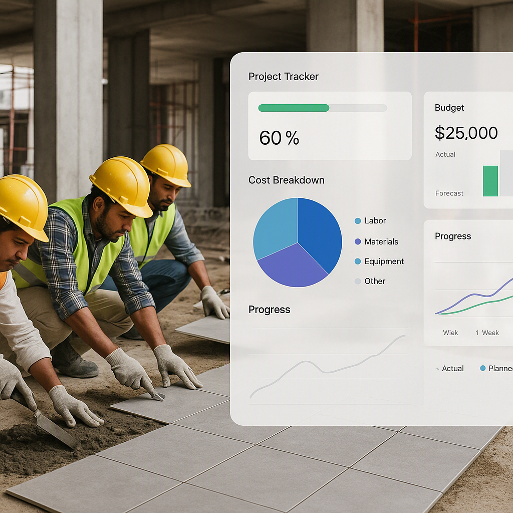 An Indian construction site with subcontractors working on tiling, overlaid with a digital dashboard tracking progress a...