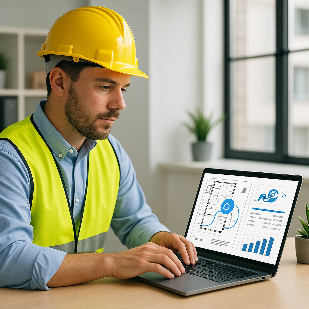 A mid-sized construction estimator working on a laptop with AI-powered software, showing a PDF drawing being processed....