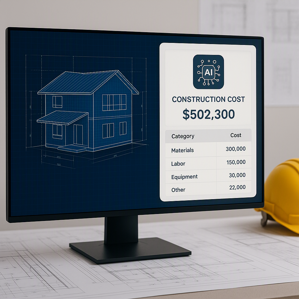 An AI-powered software interface on a computer screen, with a digital blueprint and construction cost breakdown displaye...
