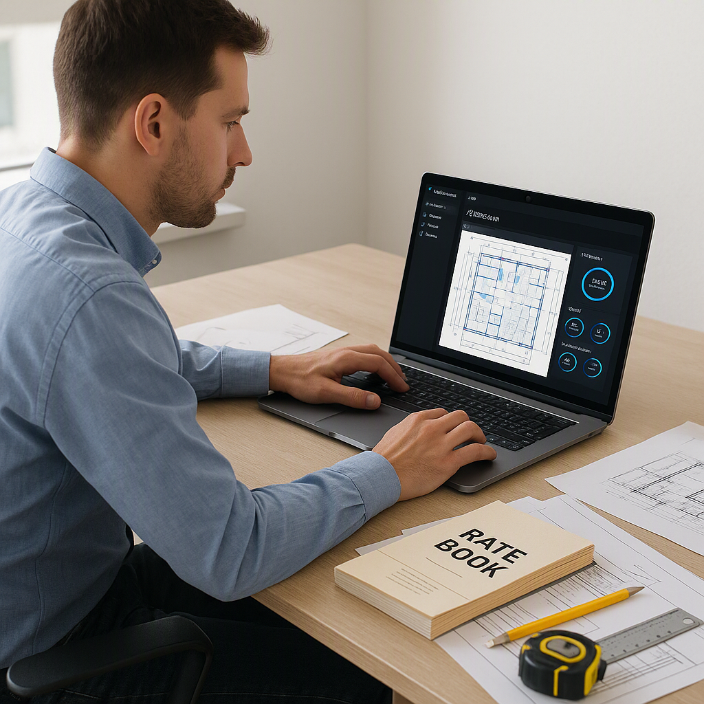 A construction estimator sitting at a desk with a laptop screen showing an AI-powered estimation tool analyzing a PDF dr...
