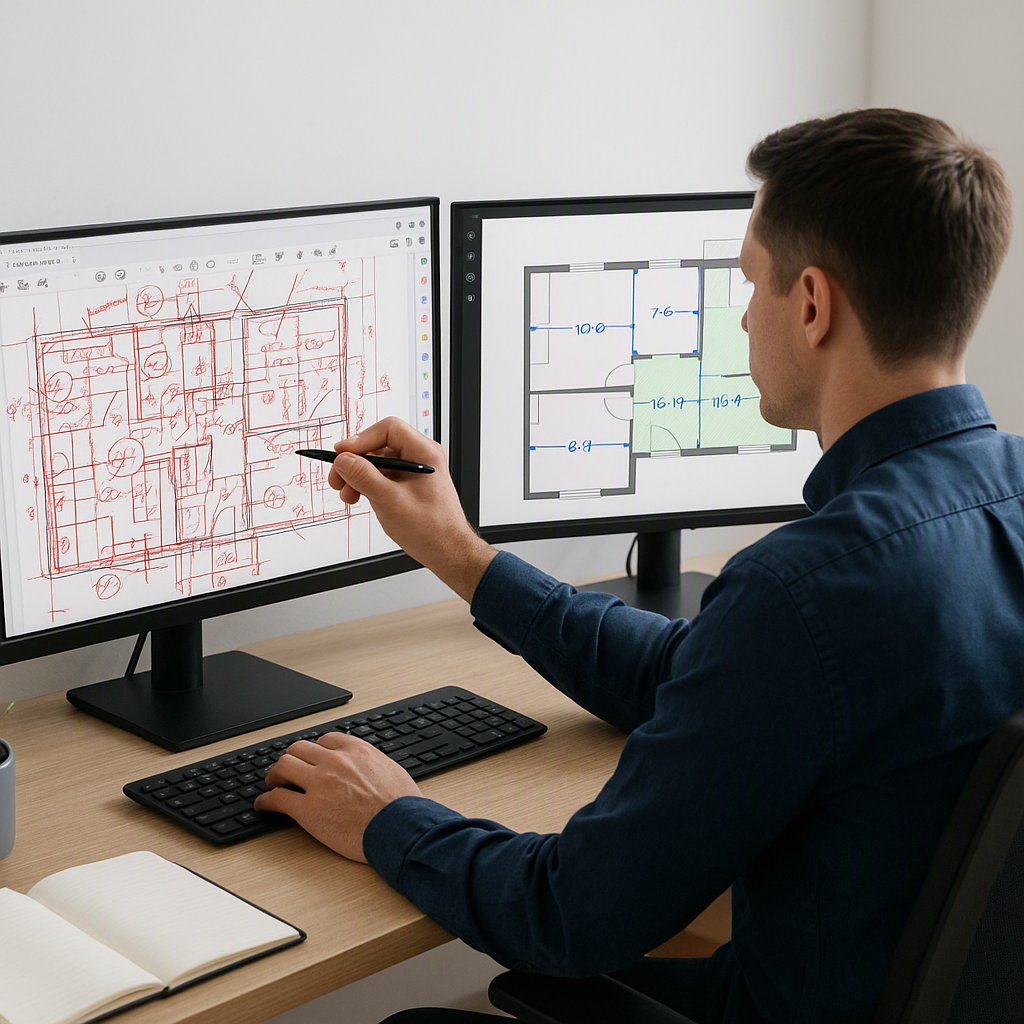 A construction estimator sitting at a desk with two monitors: one showing a cluttered PDF drawing marked up manually wit...