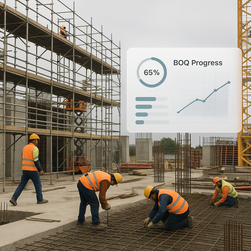 A construction site with subcontractors working on various tasks, and a dashboard overlay showing BOQ progress tracking.