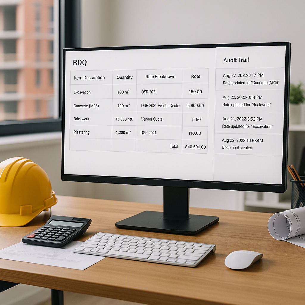 A construction estimator's workstation with a digital BOQ on screen, showing rate breakdowns traced to sources like DSR...