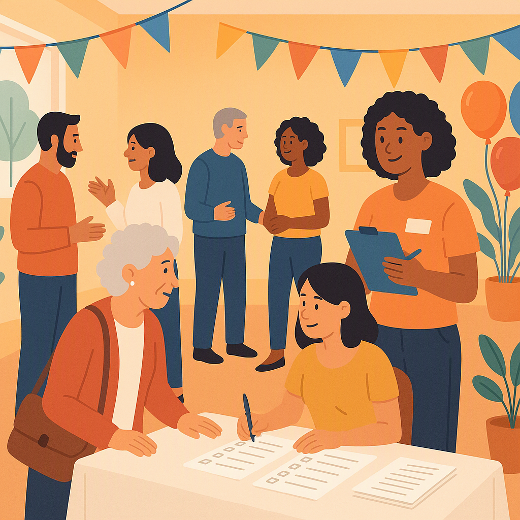 A vibrant scene of a small community event: people chatting, a sign-in table with RSVP lists, a volunteer holding a clip...