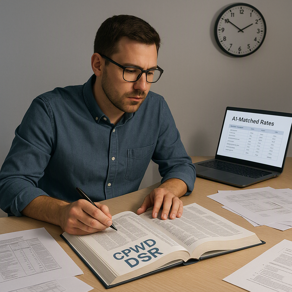 A construction estimator at a desk with an open CPWD DSR rate book and a laptop showing AI-matched rates. The scene incl...