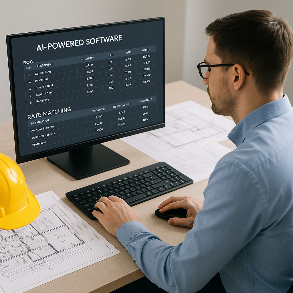 A modern construction estimator at a desk using an AI-powered software interface with clear BOQ and rate matching result...