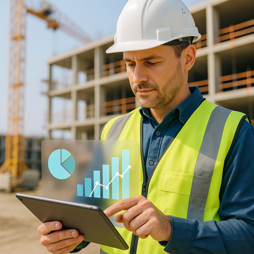 A construction site supervisor using a mobile app to input BOQ data, with AI-generated charts overlayed on the tablet sc...