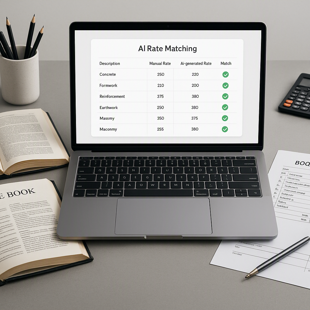 A construction estimator's desk featuring a laptop with AI rate matching results on screen, open rate books, and a BOQ s...