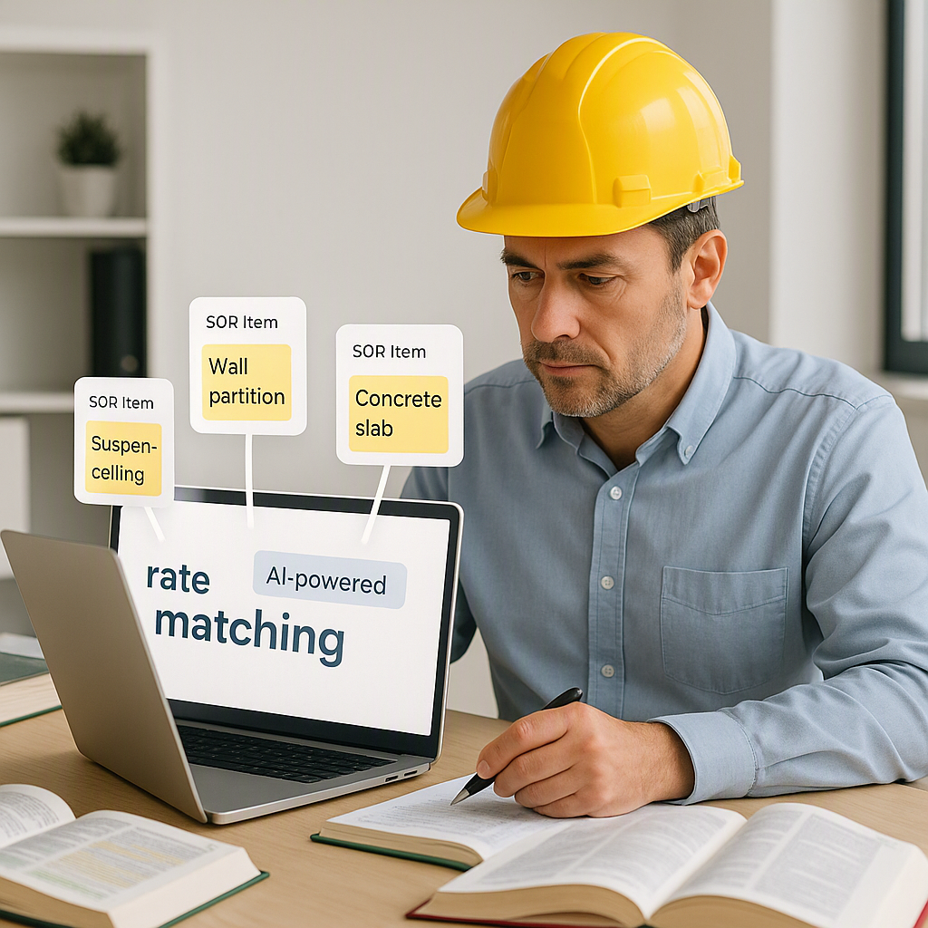 A construction estimator working at a desk strewn with rate books and a laptop displaying AI-powered rate matching resul...