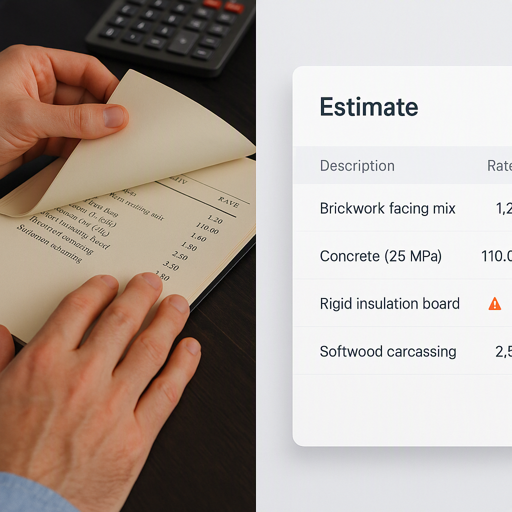 A split-screen image showing an estimator manually flipping through a rate book on one side and an AI-powered interface...
