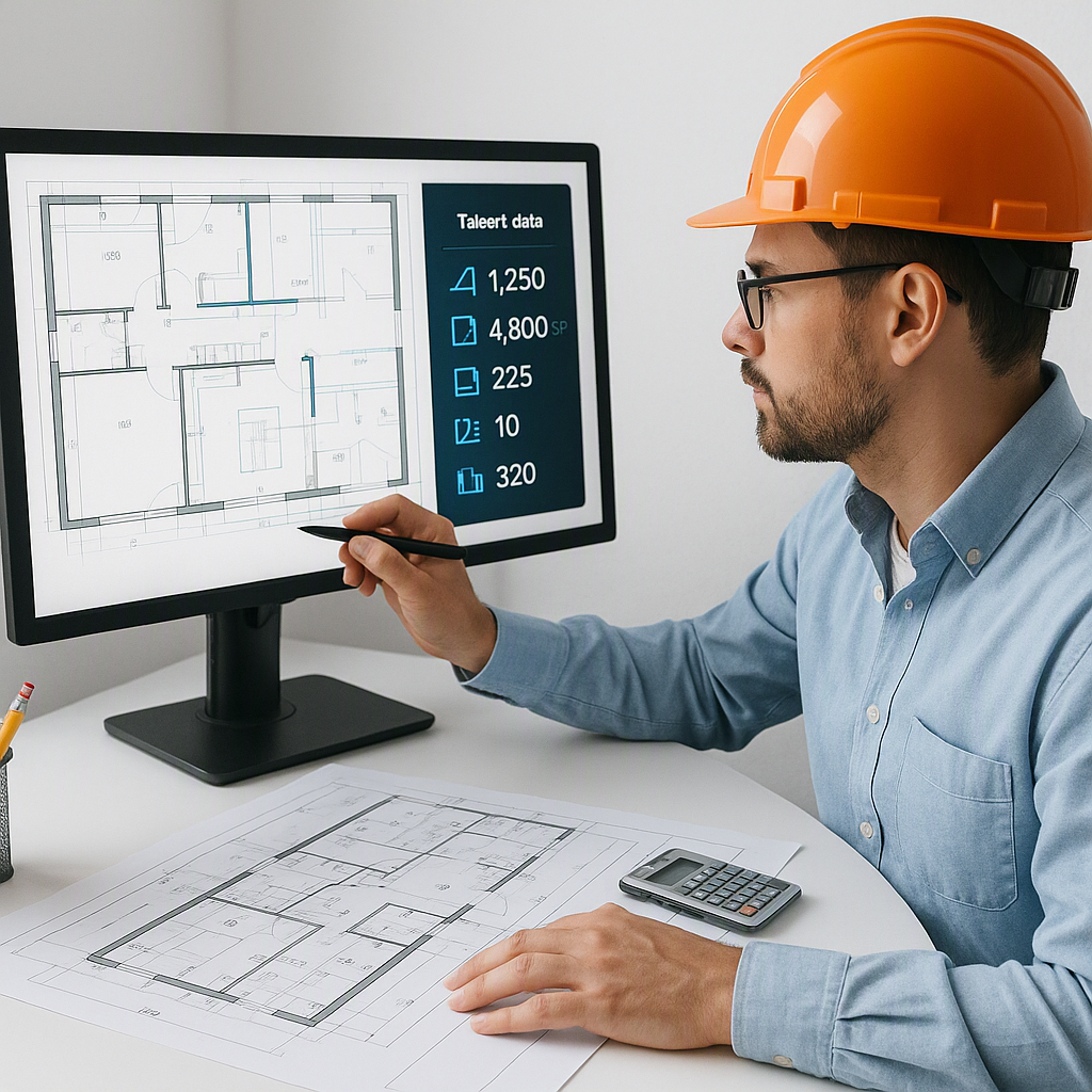 A construction estimator analyzing a digital drawing on a screen, with AI-generated takeoff data displayed alongside tra...