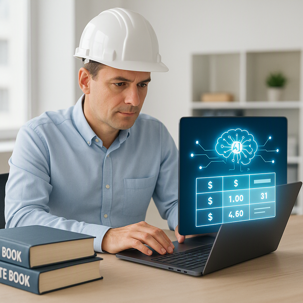 A construction estimator at a desk with a laptop, surrounded by thick rate books, while a glowing AI interface on the sc...