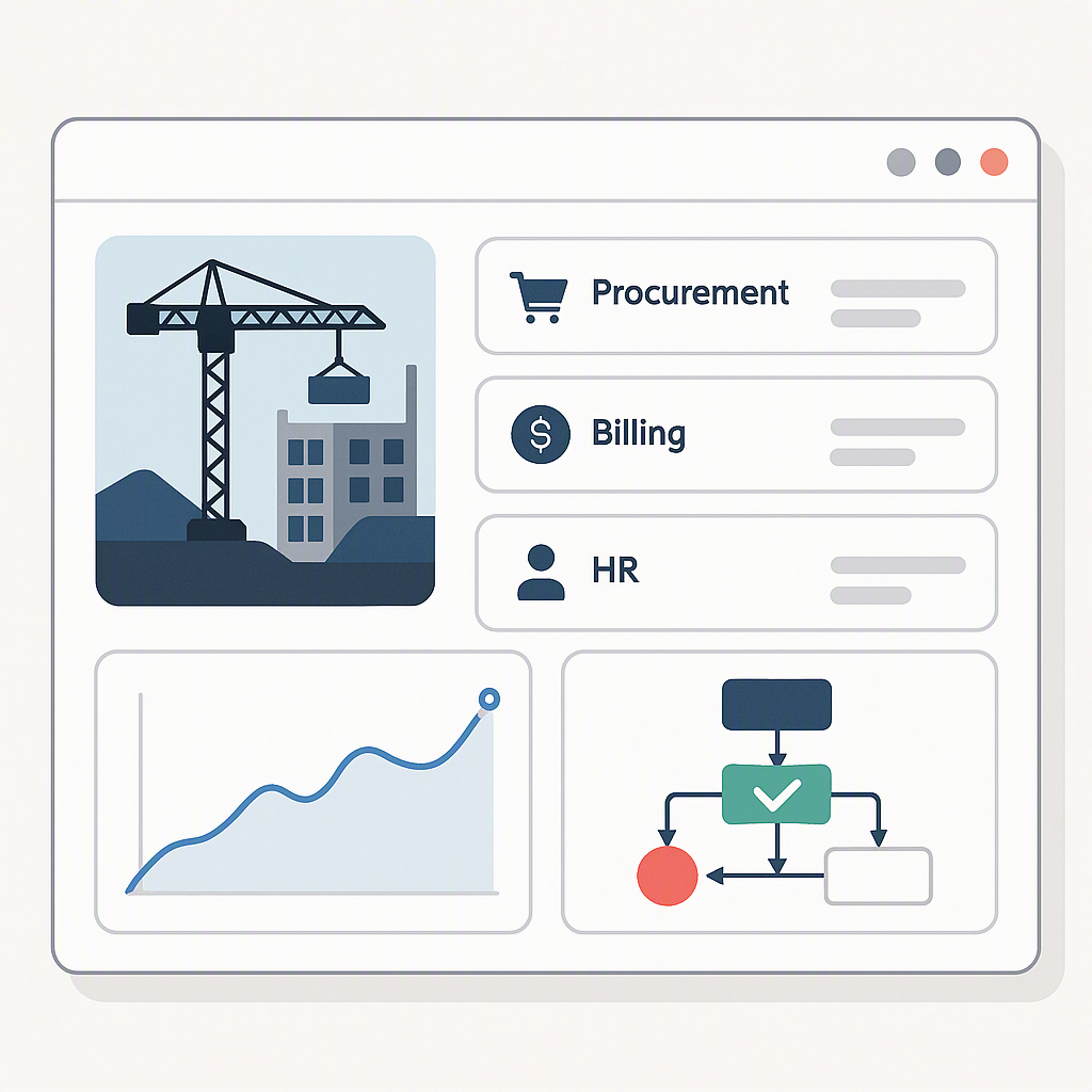 An illustration of a construction project dashboard, showing unified workflows like procurement, billing, and HR in real...