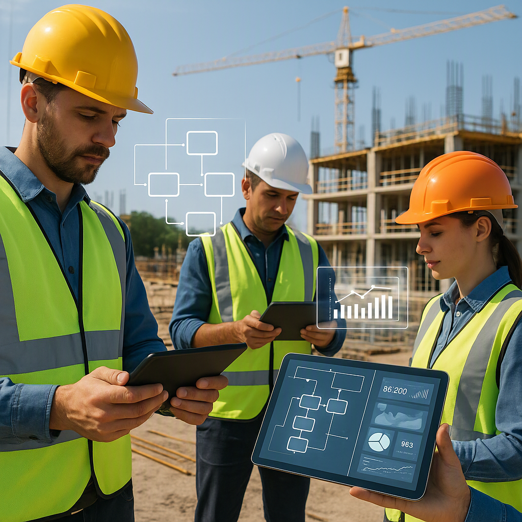 A construction site with workers using tablets to review project data in real-time, showing interconnected workflows and...