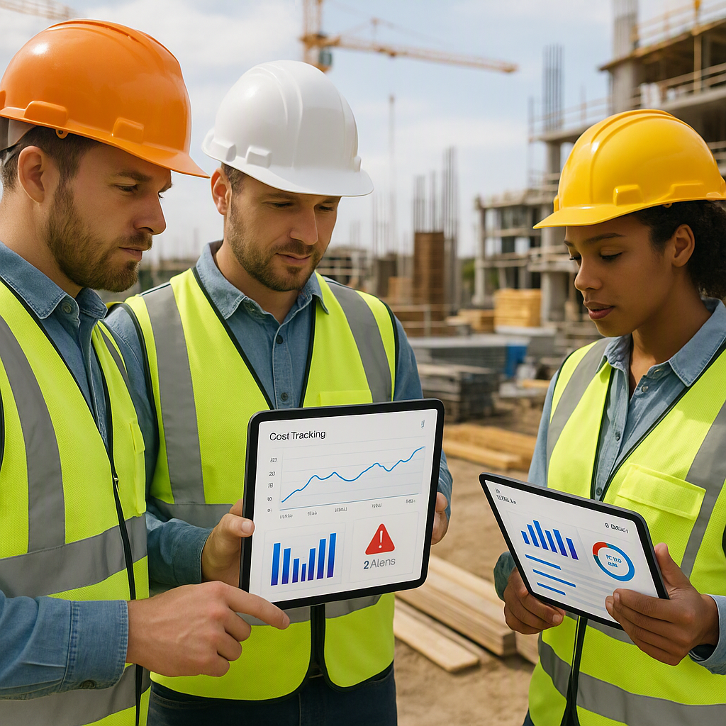 A construction site with workers reviewing a digital dashboard on tablets, showing graphs and alerts for cost tracking....