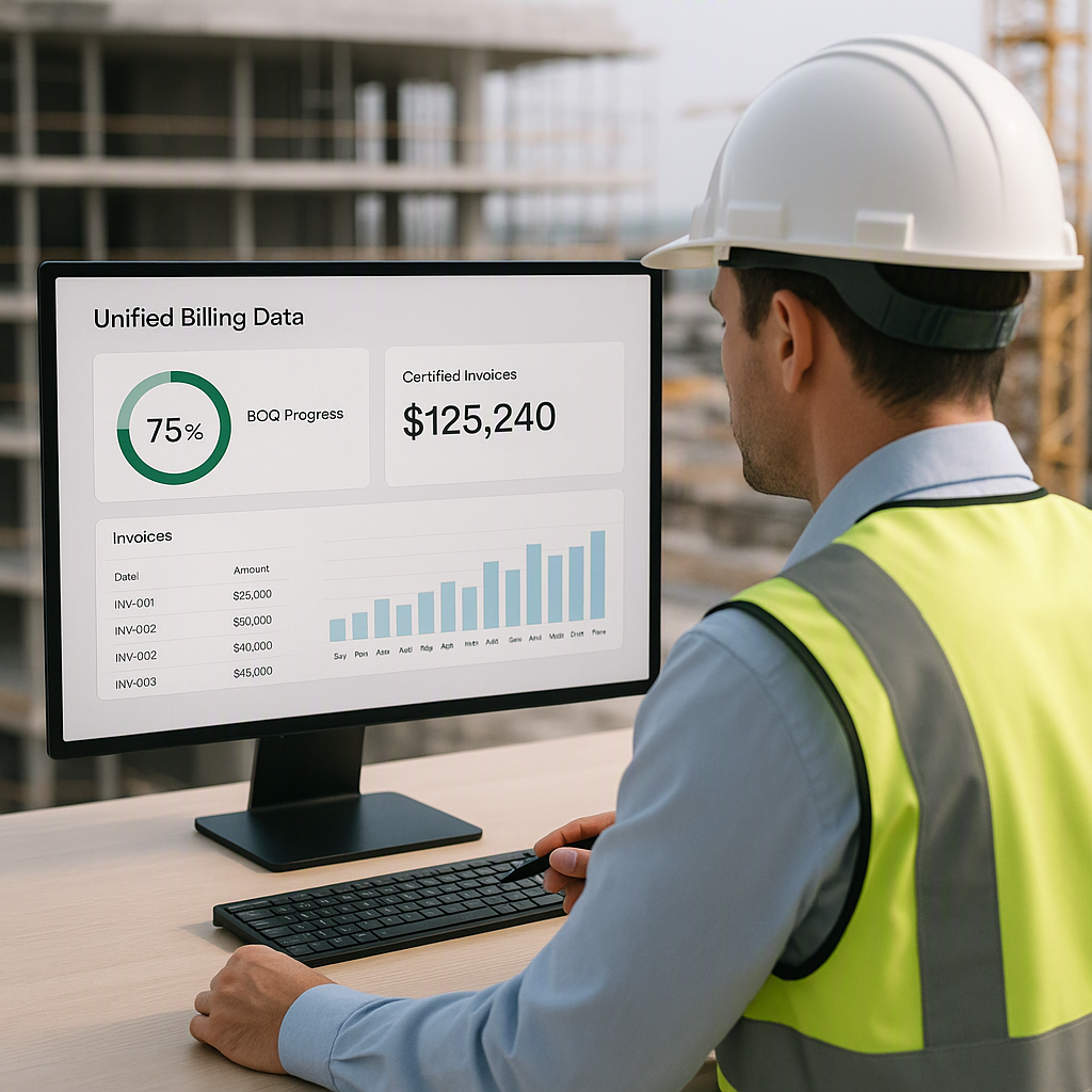 A construction project manager reviewing a digital dashboard displaying unified billing data, including BOQ progress and...