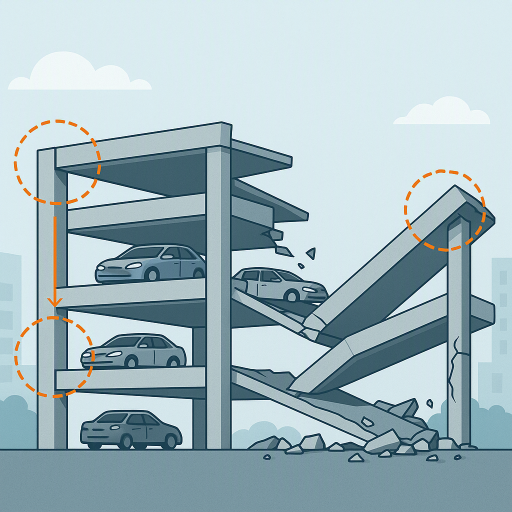 A detailed illustration of a partially collapsed parking garage structure, with labeled annotations showing stress point...