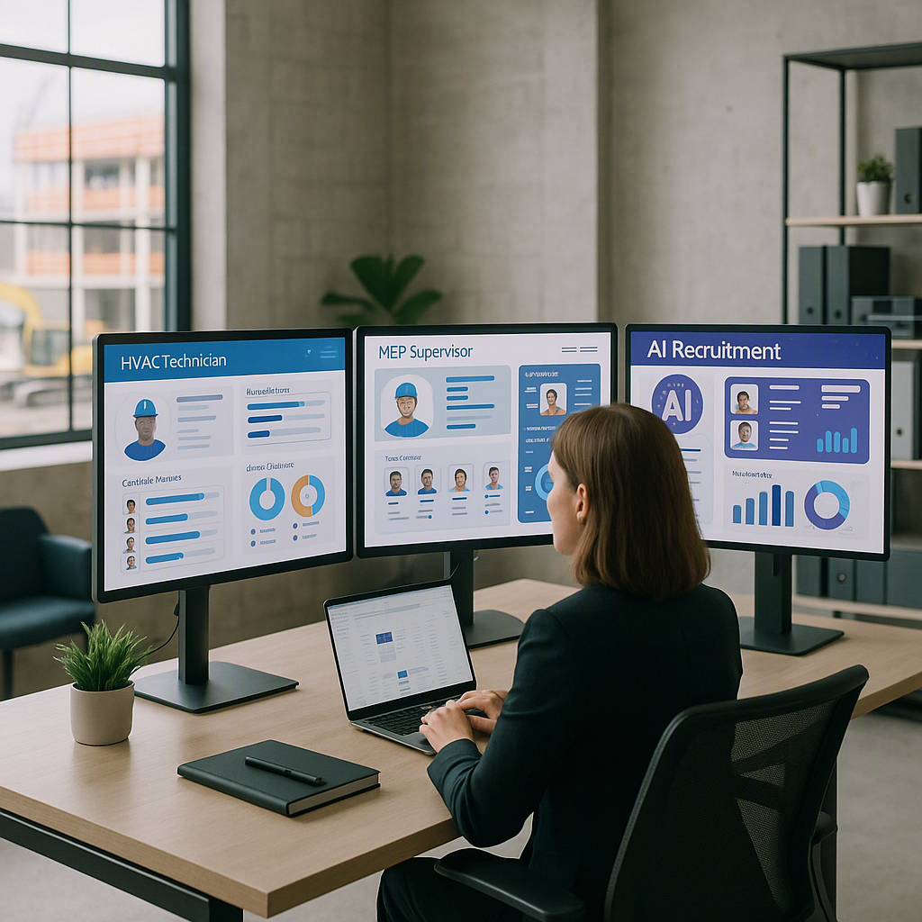 A mid-sized construction company office with an HR professional analyzing AI-powered recruitment dashboards on multiple...