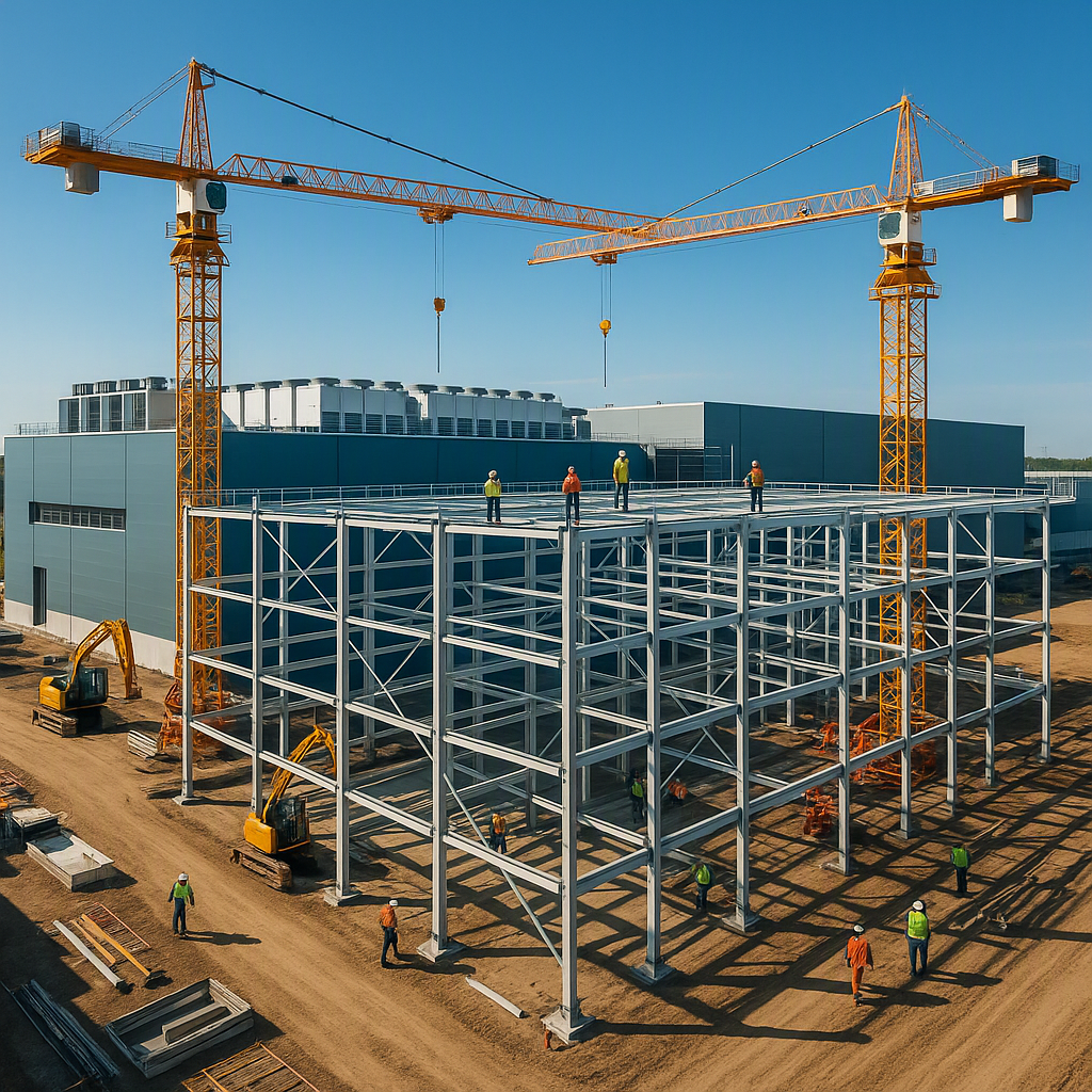 Aerial view of a futuristic data center construction site with cranes, steel frames, and workers in safety gear. Vibrant...