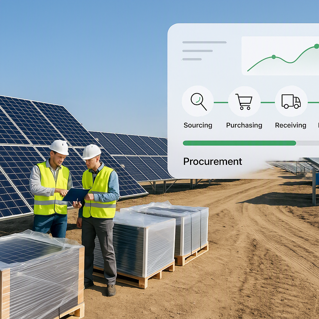 A solar farm under construction with workers inspecting materials and a digital dashboard overlay showing procurement st...
