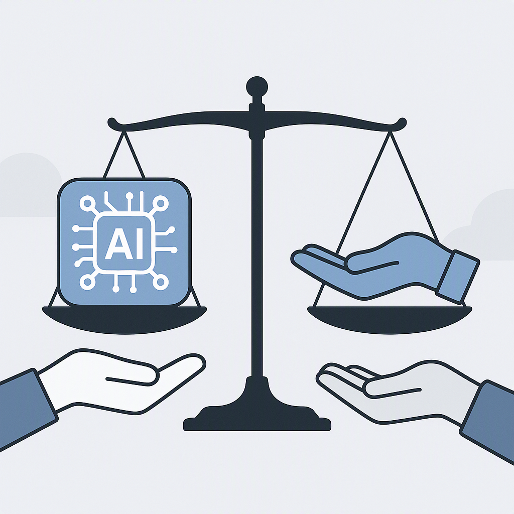 A balanced-scale icon with AI algorithms and human hands on either side, symbolizing fairness in recruitment.