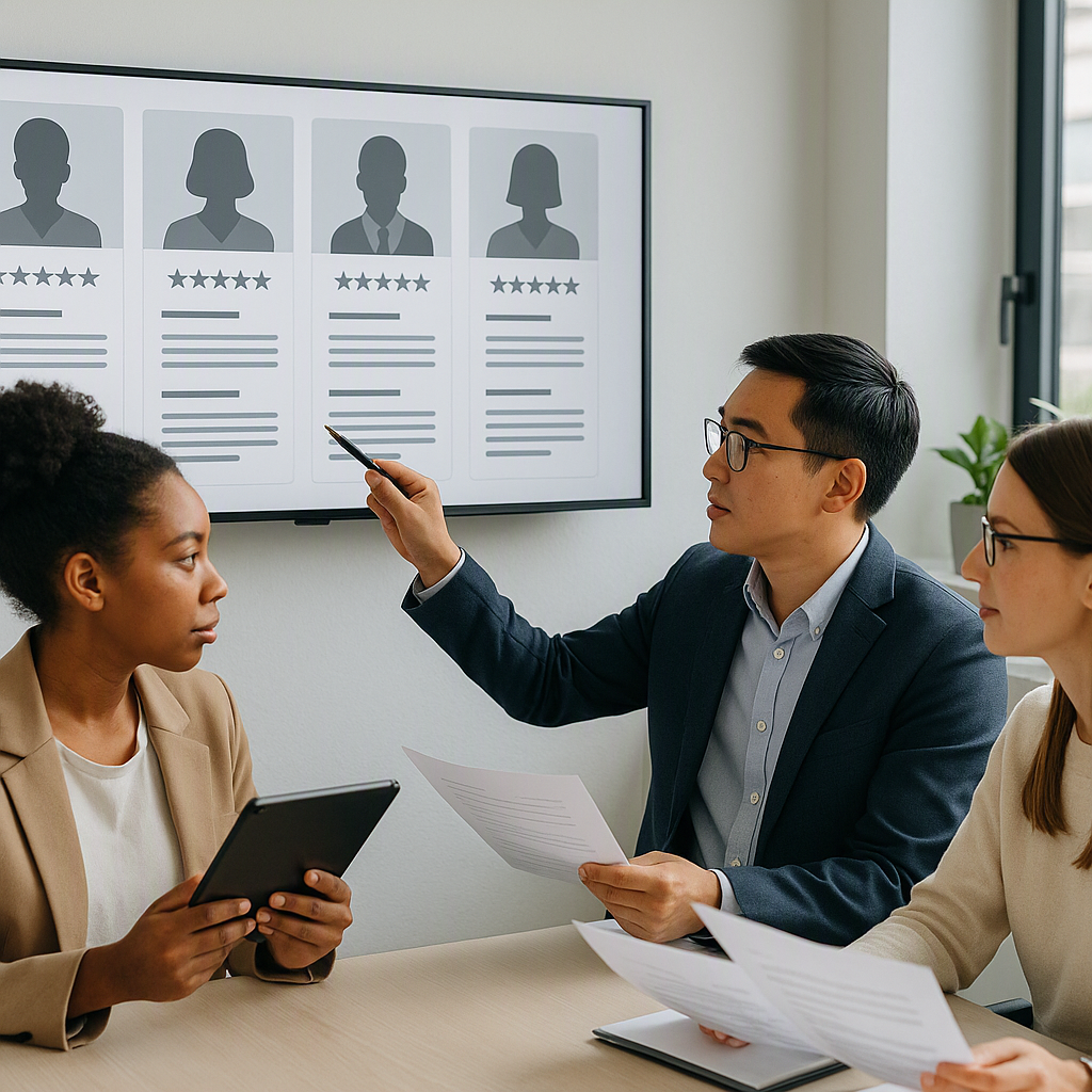 A diverse group of professionals reviewing resumes on a digital dashboard, with a focus on equity and fairness, in a mod...