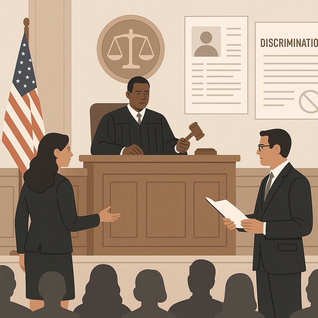 A courtroom scene where a judge is presiding over a discrimination case, with subtle references to hiring and resumes in...