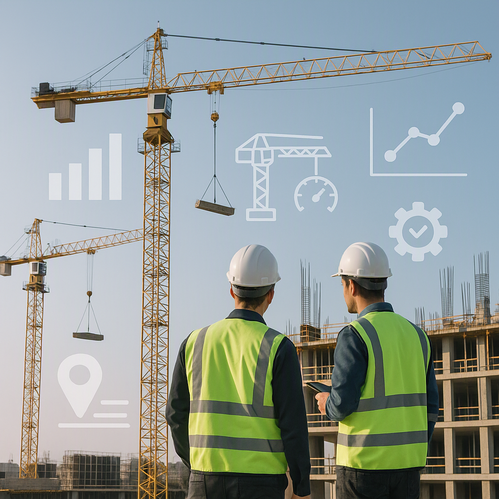 A modern construction site with digital dashboards overlayed on cranes and workers, symbolizing real-time tracking and t...