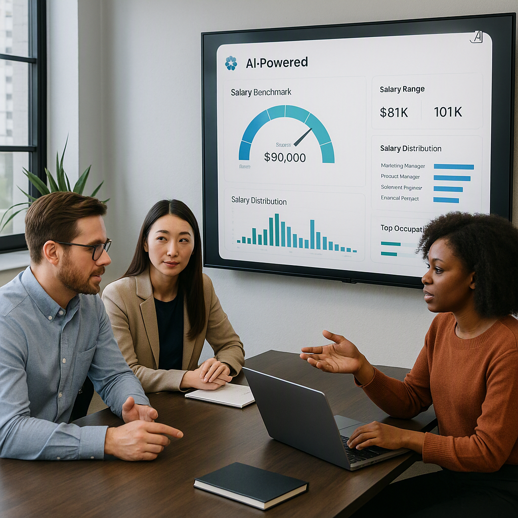 A realistic image of an AI-powered dashboard showing salary benchmarks, with a diverse group of workers discussing salar...