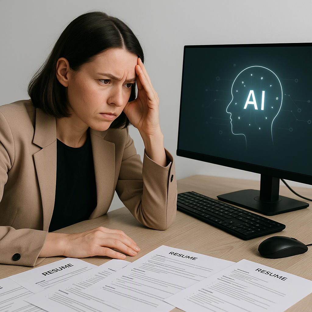 A frustrated recruiter staring at a computer screen with a cluttered desk full of resumes and an AI interface glowing fa...