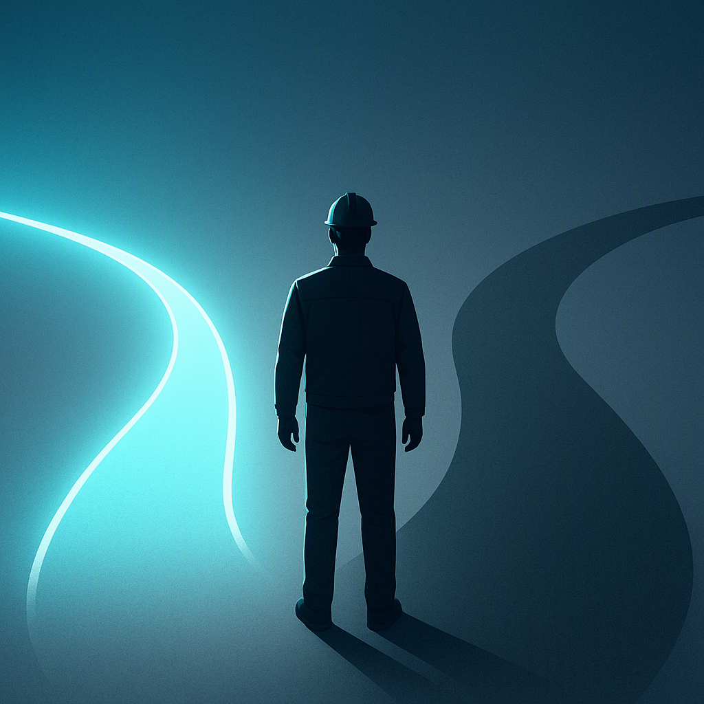 A visually striking image of a worker standing between two paths: one labeled 'AI Skills' and the other 'Traditional Rol...