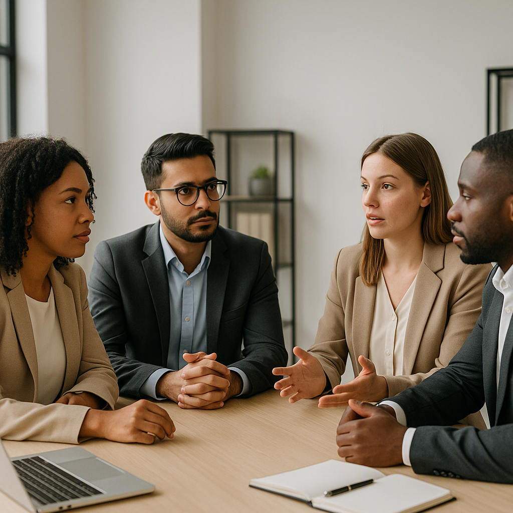 A corporate office setting with a diverse team discussing workplace policies, emphasizing inclusion and fairness. Neutra...