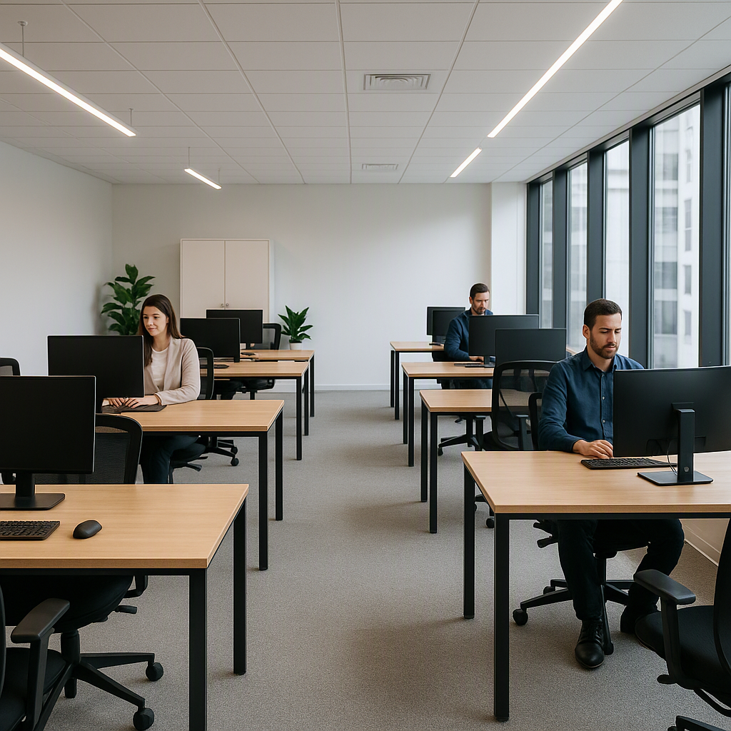 An office workspace with half the desks occupied, the other half empty, showing a mix of in-person and remote work dynam...