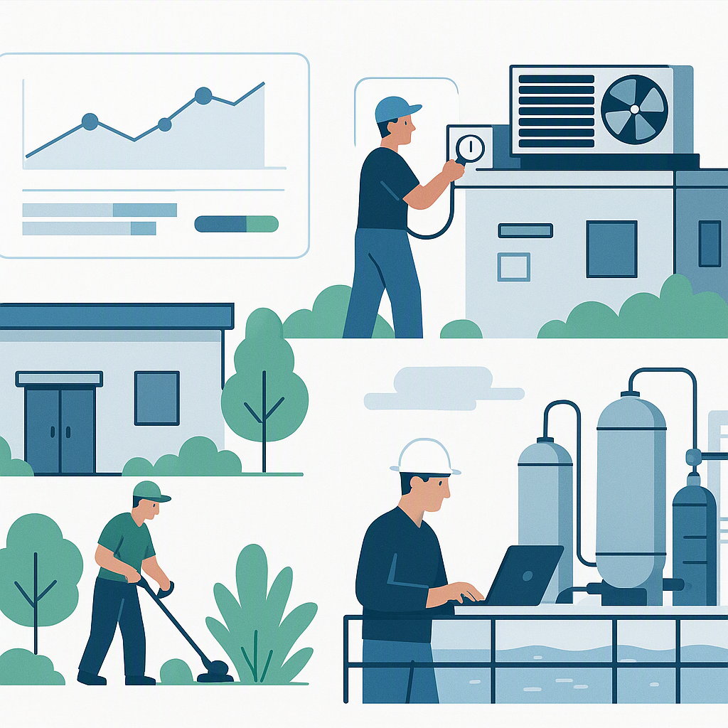 An illustration of a multi-site facilities management operation: workers managing HVAC systems, landscaping, and water t...