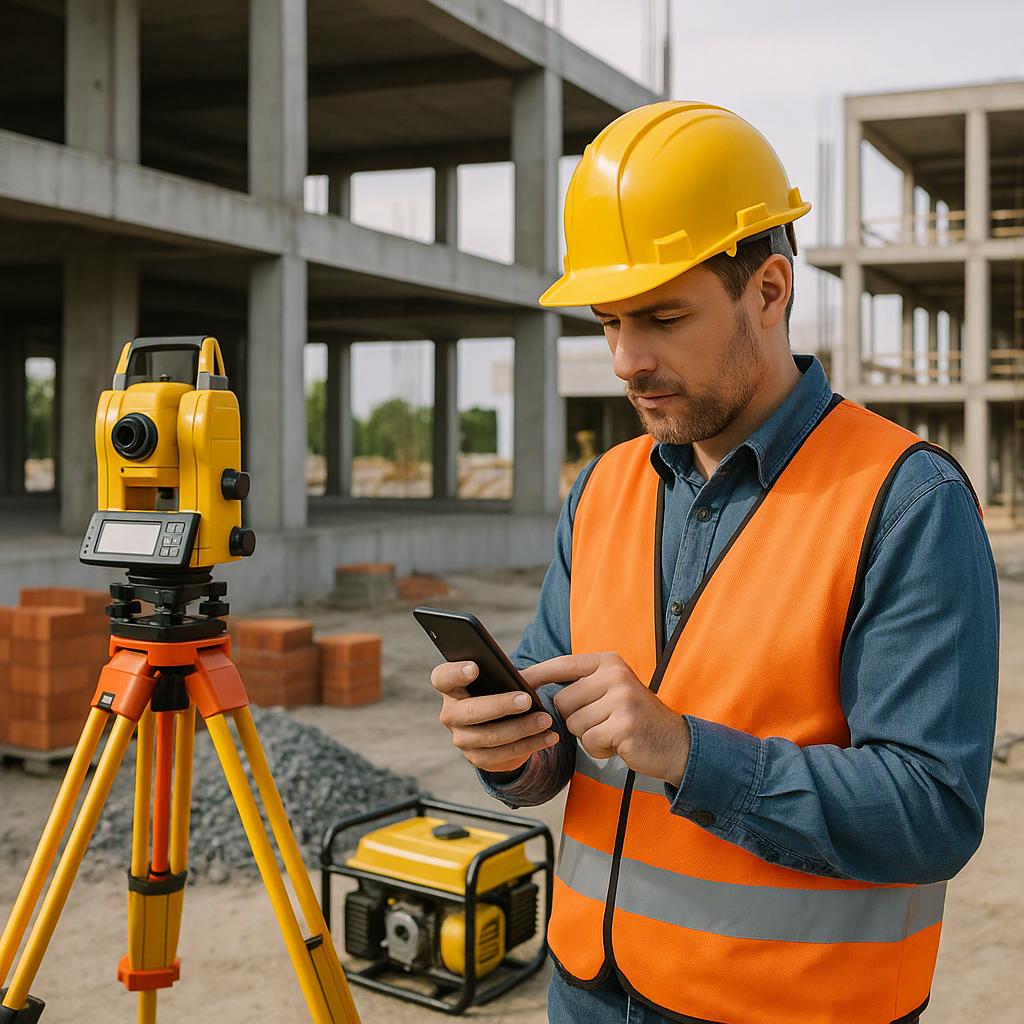 A realistic scene of a construction site surveyor using a mobile app to input BOQ data, surrounded by equipment and mate...