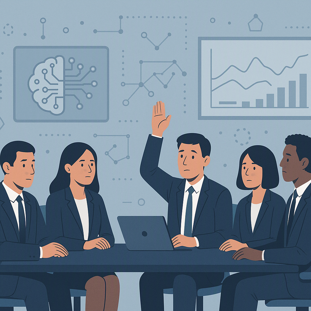 An illustration of a corporate meeting room where employees are sitting silently, with one person raising a hand hesitan...
