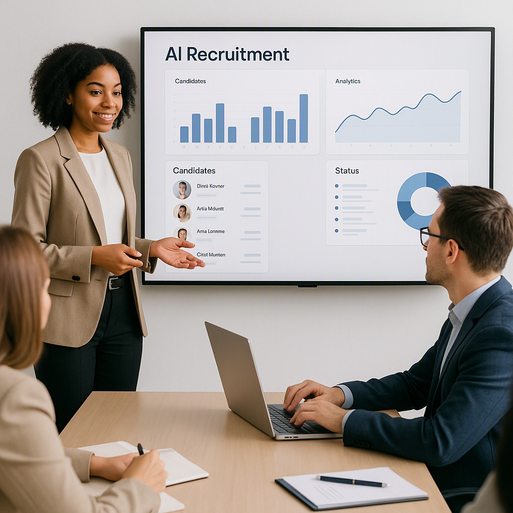 A corporate training session where a manager is learning to use an AI-powered recruitment dashboard, with charts and can...