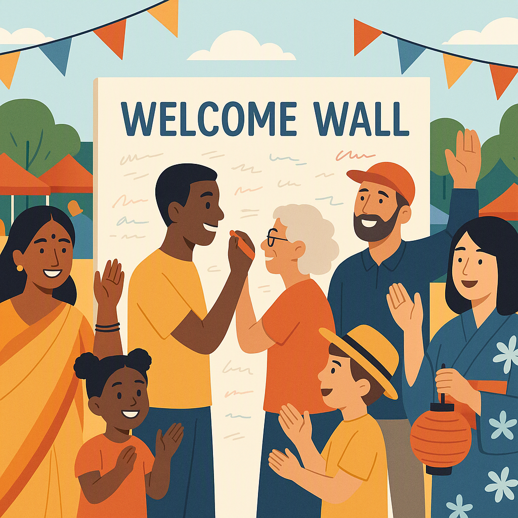 A cheerful community event scene featuring a diverse group of people at a cultural festival, with a 'Welcome Wall' in th...