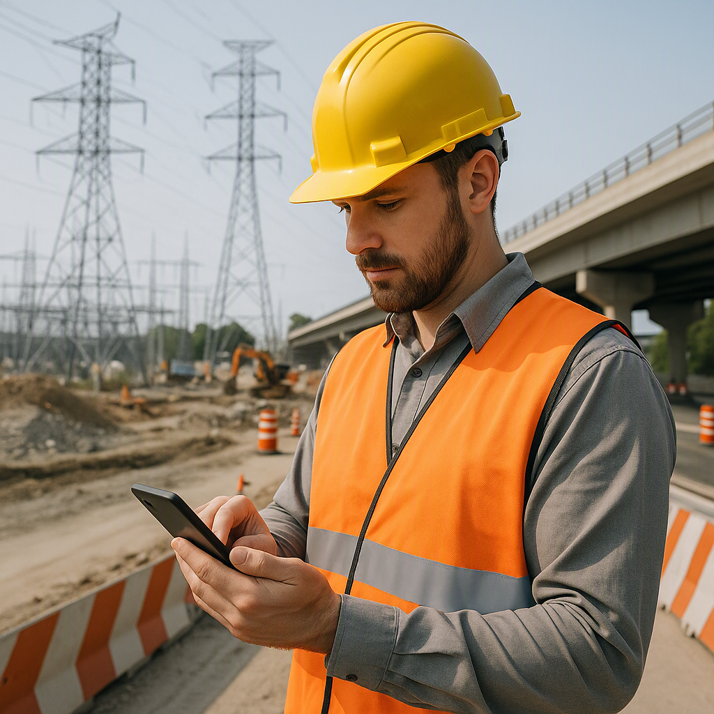 A contractor using a mobile app on-site, capturing survey data in a busy construction zone, with power grids and transpo...
