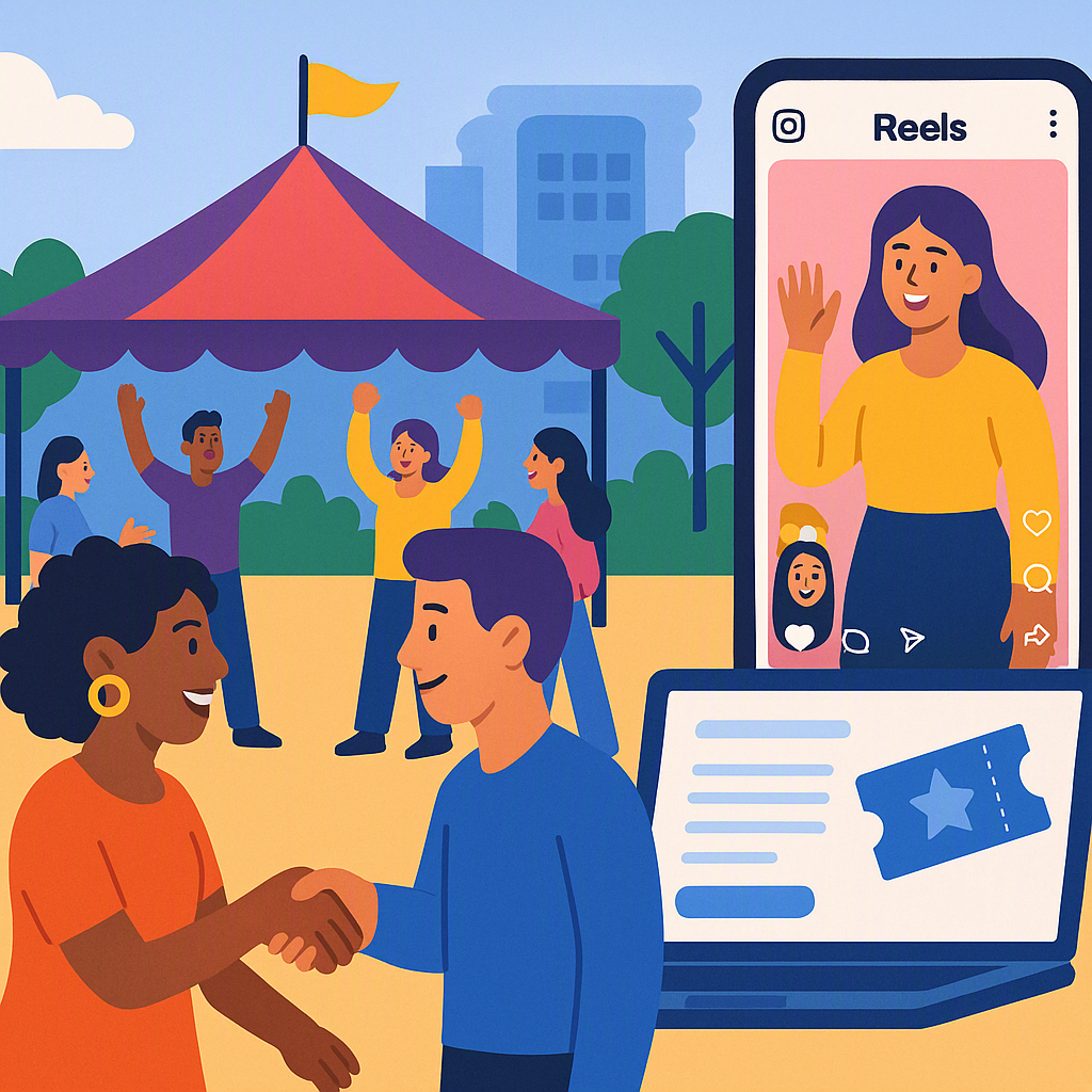 A vibrant illustration of a community event scene with diverse people interacting, a smartphone showing Instagram Reels,...