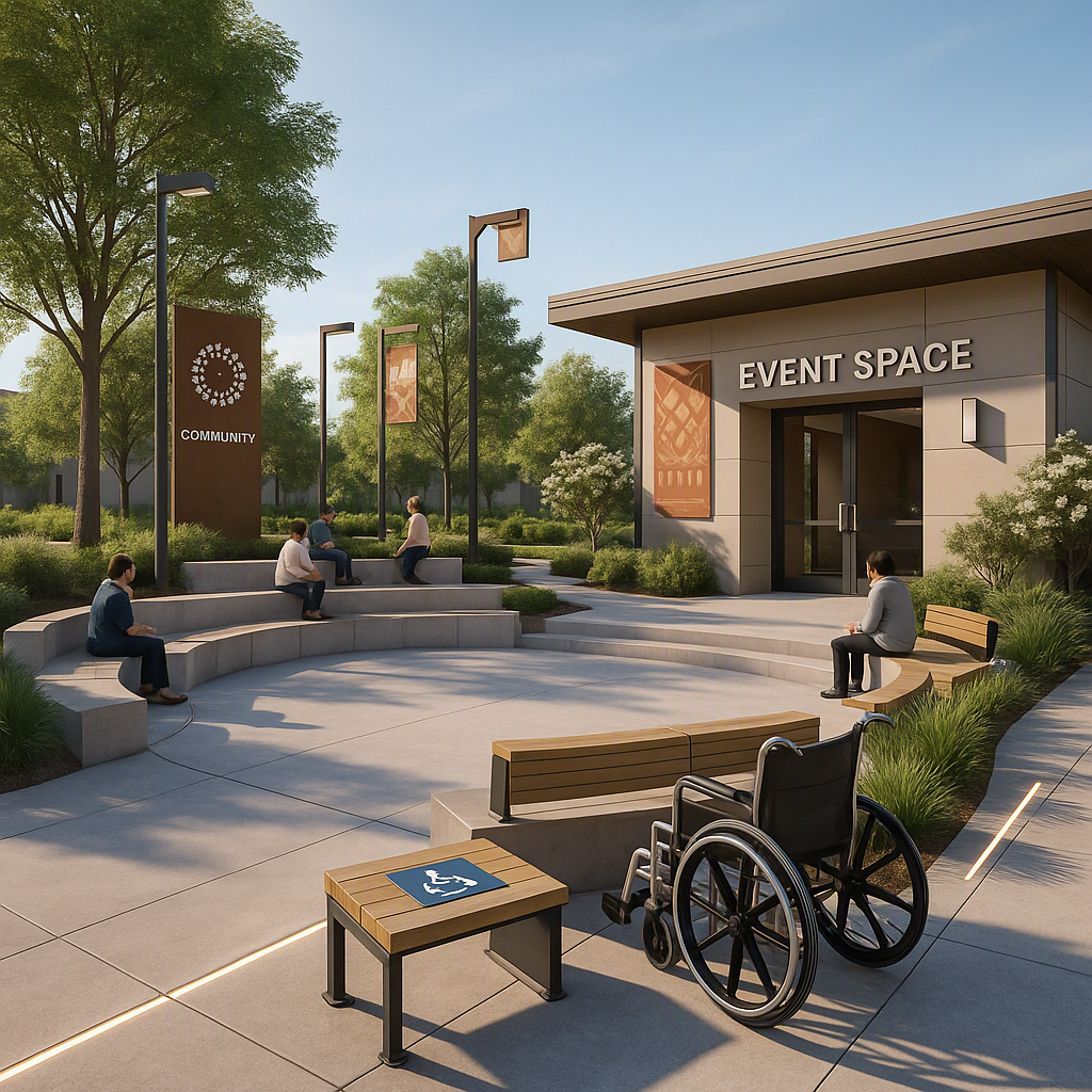 A modern community event space in 3D rendering: accessible seating, cultural decorations, branded signage, well-lit path...