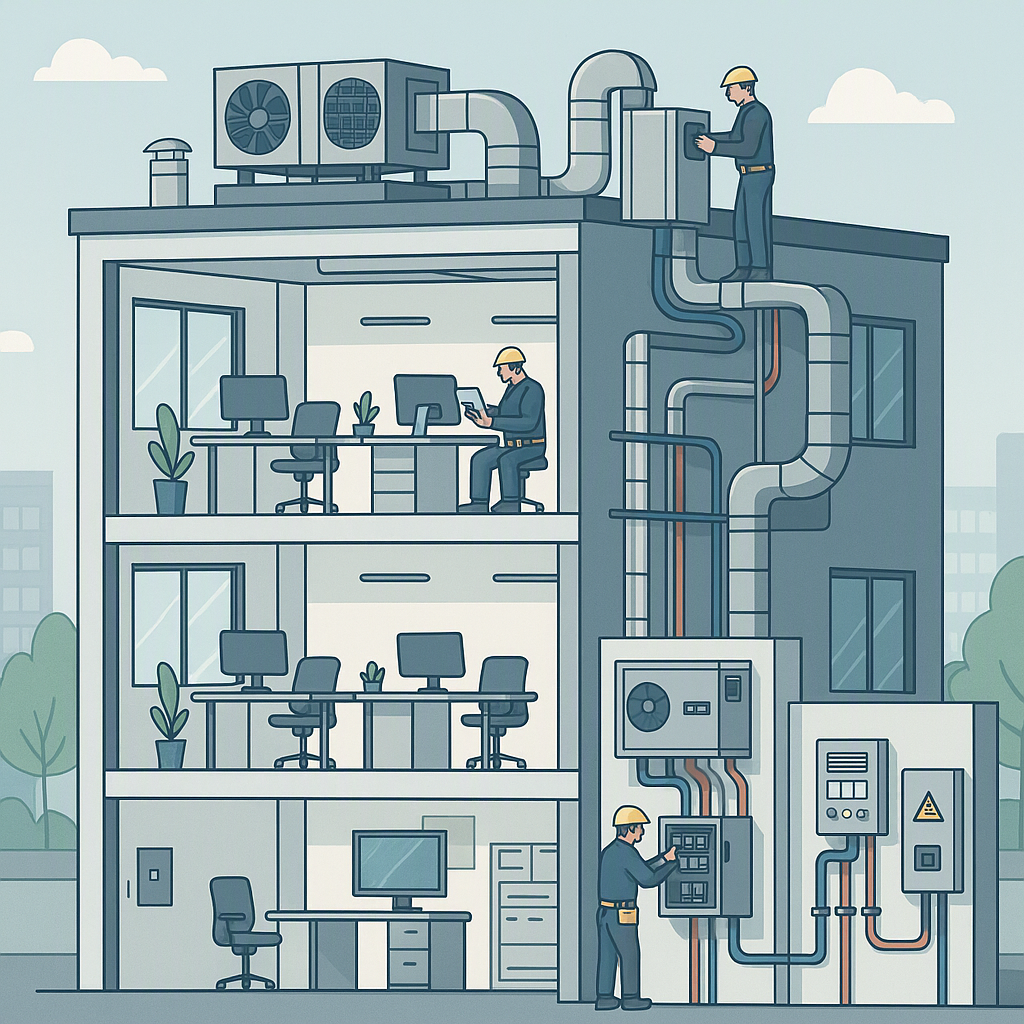 A detailed illustration of a modern office building with visible HVAC systems, electrical panels, and maintenance worker...