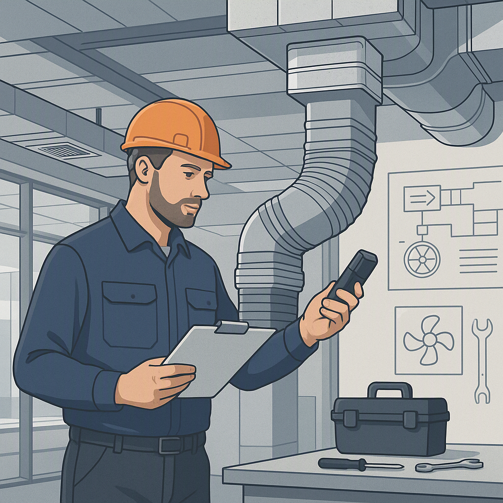 A detailed illustration of a contractor inspecting an HVAC system in a modern office building, with schematics and tools...