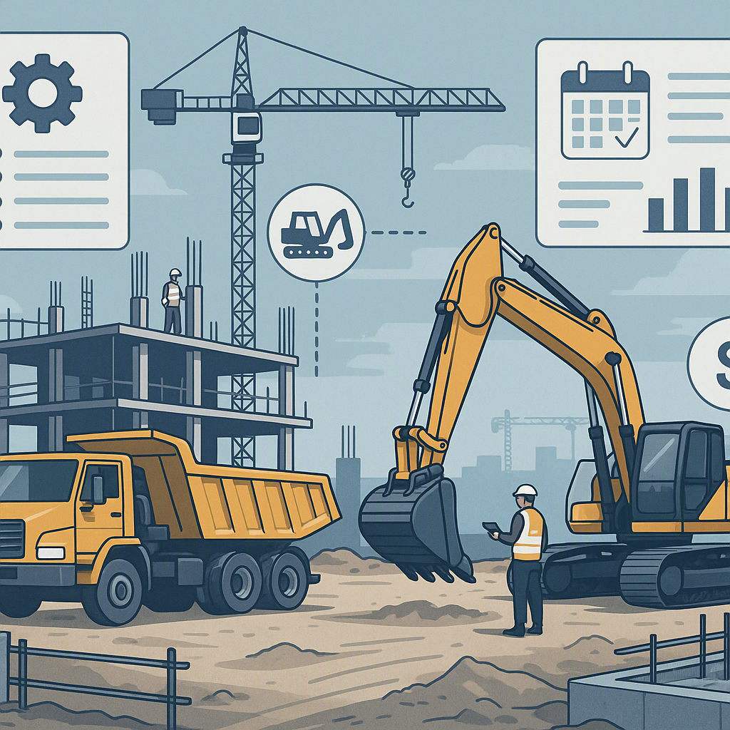 A detailed illustration of a construction site showing a digital interface overlay tracking equipment, maintenance sched...